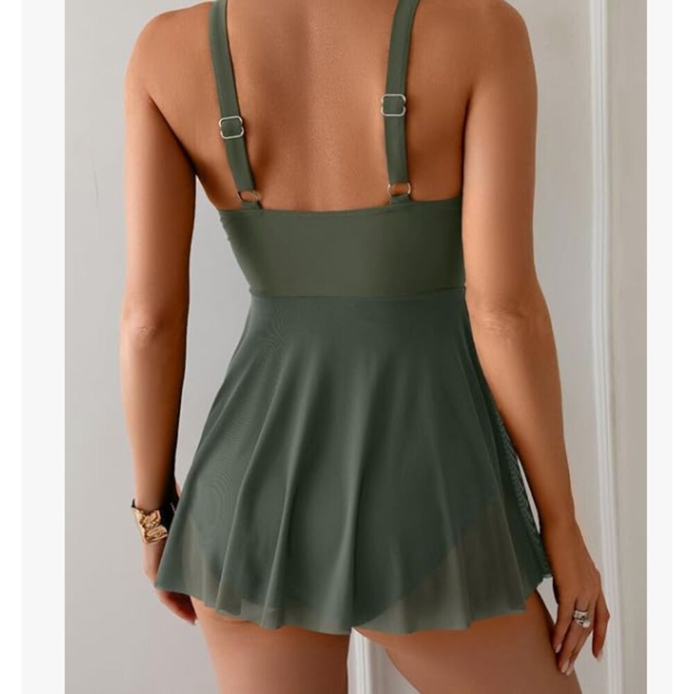B2Prity Olive Swim Dress One Piece Adjustable Straps Sheer Skirt Size Large - Picture 3 of 7
